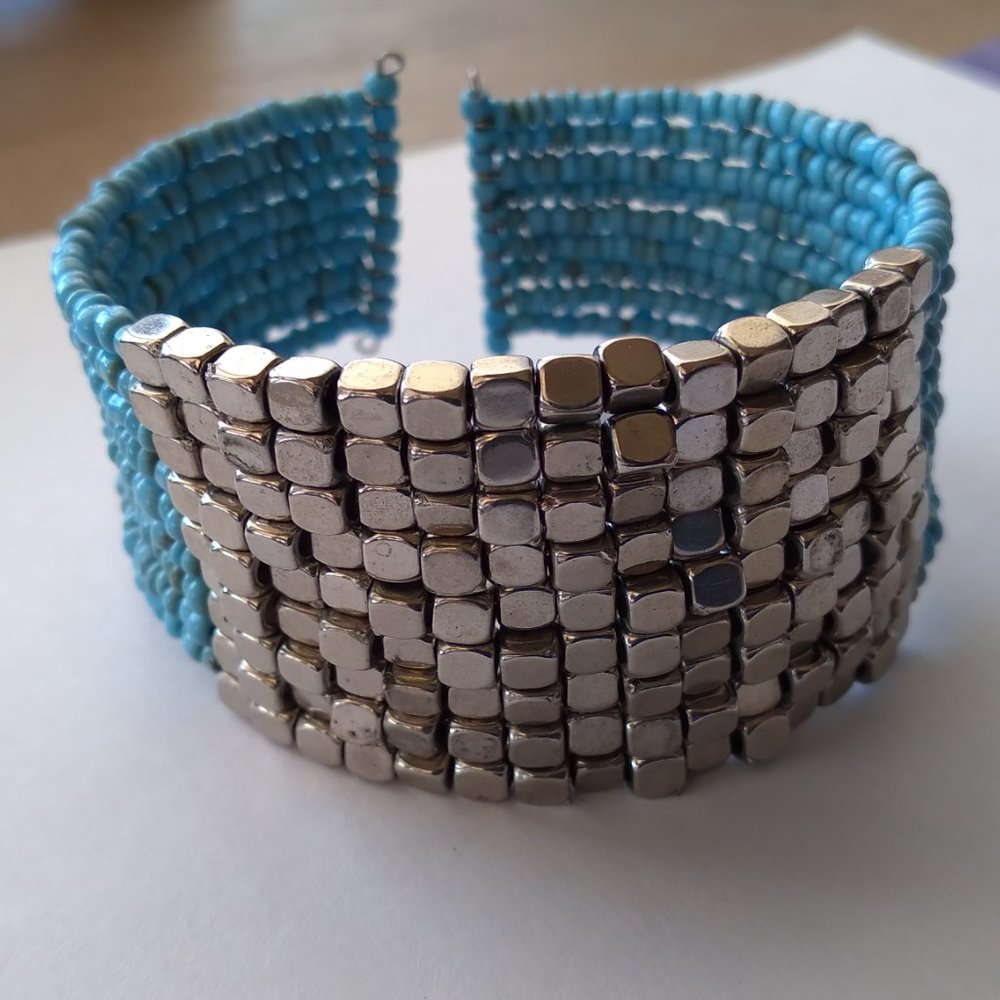 Silver tone Block bead mini turquoise simulated beads bangle bracelet